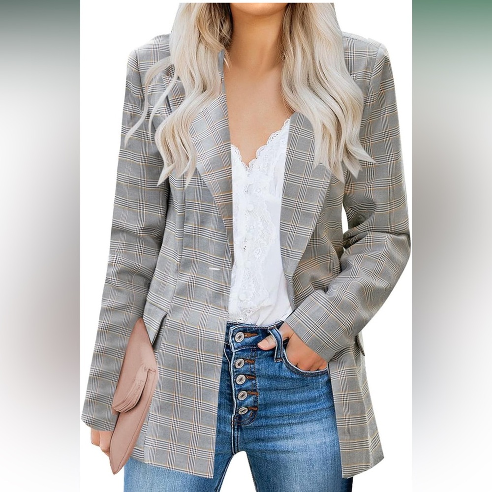 Gray Plaid Blazer Jacket | Functional Pockets | Size L